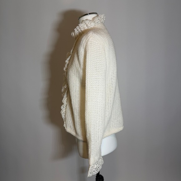 Sidney Gould Vintage 1960s Cream Mohair Knit Lace Ruffle Cardigan Sweater Womens - Picture 5 of 10